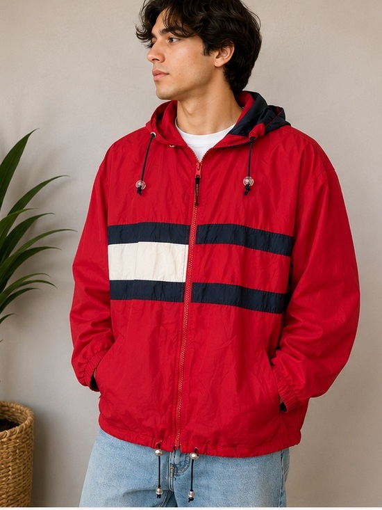 Tommy Hilfiger Other - Vintage Tommy Hilfiger Red Hooded Windbreaker with Navy & White Stripes